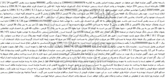 آگهی مزایده ششدانگ یک قطعه زمین مسکونی به مساحت 300 متر مربع