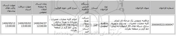 مناقصه عمومی یک مرحله ای انجام کلیه عملیات تعمیرات ، نوسازی و بهینه سازی شبکه های  20 کیلوولت به روش خط گرم در منطقه نظرآباد