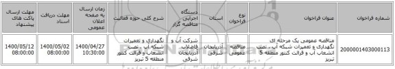 مناقصه عمومی یک مرحله ای نگهداری و تعمیرات شبکه آب ، نصب انشعاب آب و قرائت کنتور منطقه 5 تبریز