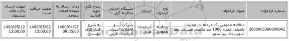 مناقصه عمومی یک مرحله ای عملیات تکمیلی مخزن 1000 متر مکعبی مساکن مهر شهرستان پیرانشهر