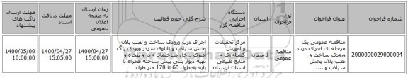 مناقصه عمومی یک مرحله ای اجرای درب ورودی ساخت و نصب پلان پخش سیلاب و.....