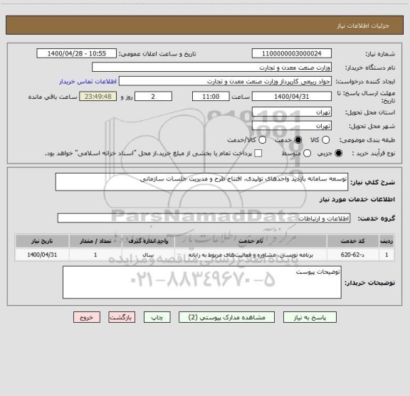 استعلام توسعه سامانه بازدید واحدهای تولیدی، افتتاح طرح و مدیریت جلسات سازمانی