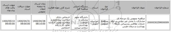 مناقصه عمومی یک مرحله ای مشارکت با بخش غیر دولتی در ارائه خدمات نظافتی پشتیبانی شبکه بهداشت و درمان طبس
