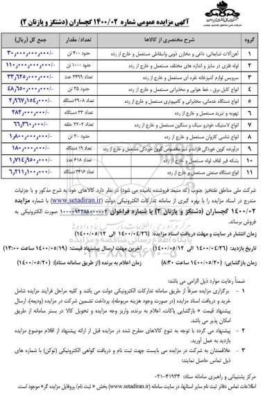 مزایده، مزایده آهن آلات ضایعاتی، داغی و مخازن ذوبی... 