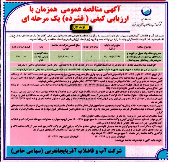 مناقصه حفر پنج حلقه چاه عمیق در شهرها و روستاهای ...