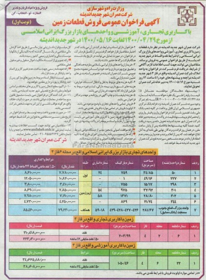 مزایده مزایده فروش قطعات زمین تجاری و آموزشی نوبت اول 