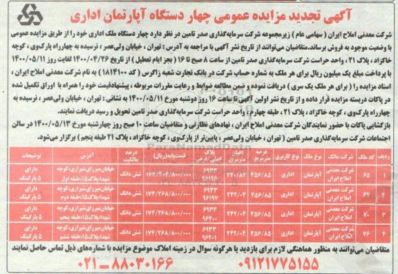 مزایده، مزایده فروش 4 دستگاه آپارتمان اداری  تجدید 