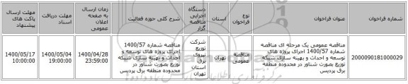مناقصه عمومی یک مرحله ای مناقصه شماره 1400/57 اجرای پروژه های توسعه و احداث و بهینه سازی شبکه توزیع بصورت شناور در محدوده منطقه برق پردیس