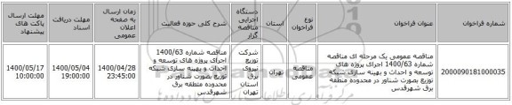 مناقصه عمومی یک مرحله ای مناقصه شماره 1400/63 اجرای پروژه های توسعه و احداث و بهینه سازی شبکه توزیع بصورت شناور در محدوده منطقه برق شهرقدس