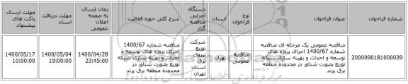 مناقصه عمومی یک مرحله ای مناقصه شماره 1400/67 اجرای پروژه های توسعه و احداث و بهینه سازی شبکه توزیع بصورت شناور در محدوده منطقه برق پرند