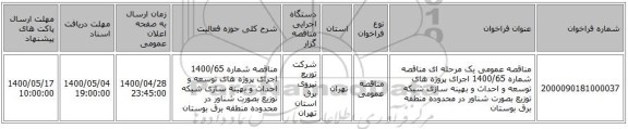 مناقصه عمومی یک مرحله ای مناقصه شماره 1400/65 اجرای پروژه های توسعه و احداث و بهینه سازی شبکه توزیع بصورت شناور در محدوده منطقه برق بوستان