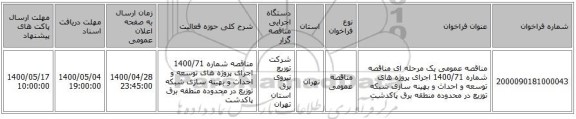 مناقصه عمومی یک مرحله ای مناقصه شماره 1400/71 اجرای پروژه های توسعه و احداث و بهینه سازی شبکه توزیع در محدوده منطقه برق پاکدشت