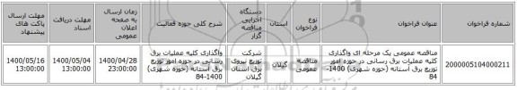مناقصه عمومی یک مرحله ای واگذاری کلیه عملیات برق رسانی در حوزه امور توزیع برق آستانه (حوزه شهری) 1400-84