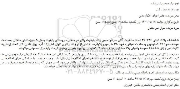 مزایده،مزایده فروش ششدانگ پلاک ثبتی 36/436  