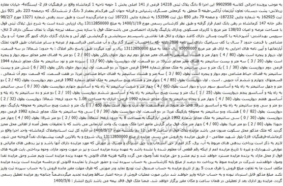 آگهی مزایده 6 دانگ پلاک ثبتی 14218 فرعی از 141 اصلی بخش 1