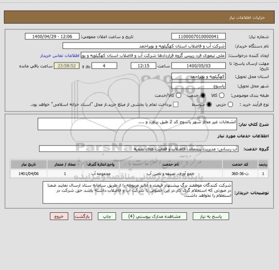 استعلام انشعابات غیر مجاز شهر یاسوج کد 2 طبق براورد و ....