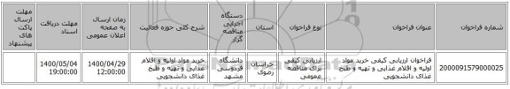 فراخوان ارزیابی کیفی خرید مواد اولیه و اقلام غذایی و تهیه و طبخ غذای دانشجویی