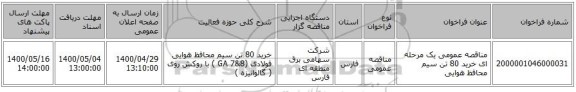 مناقصه عمومی یک مرحله ای خرید 80 تن سیم محافظ هوایی 