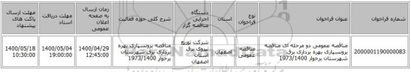 مناقصه عمومی دو مرحله ای مناقصه برونسپاری بهره برداری برق شهرستان برخوار  1973/1400
