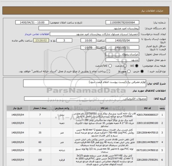 استعلام لوازم مصرفی برق(لیست پیوست اعلام قیمت شود)
