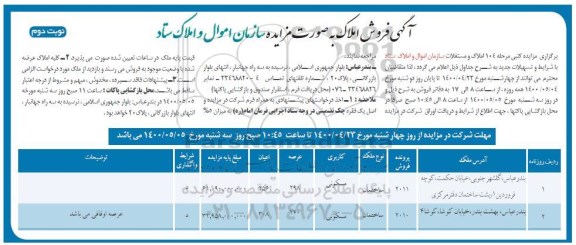 آگهی مزایده، مزایده فروش تعدادی از املاک  مسکونی شماره 104 نوبت دوم 