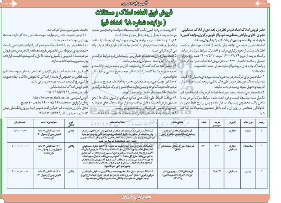 آگهی مزایده،مزایده فروش تعدادی از املاک مسکونی ، تجاری ، اداری