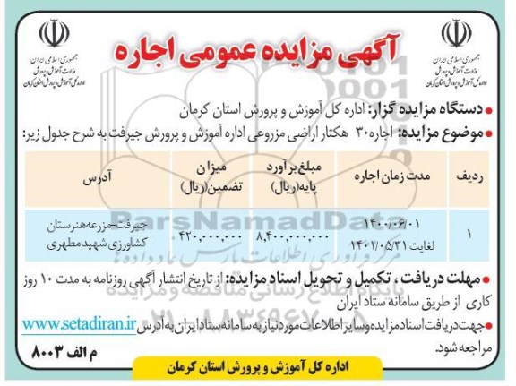 مزایده اجاره 30 هکتار اراضی مزروعی