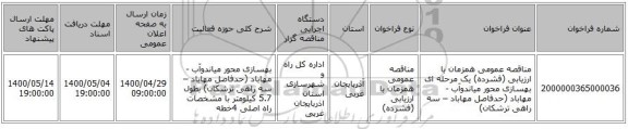 مناقصه عمومی همزمان با ارزیابی (فشرده) یک مرحله ای بهسازی محور میاندوآب -  مهاباد (حدفاصل مهاباد – سه راهی ترشکان)