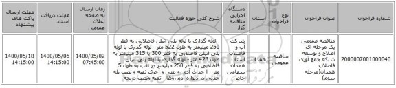 مناقصه عمومی یک مرحله ای اصلاح و توسعه  شبکه جمع آوری فاضلاب همدان(مرحله سوم)