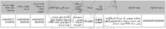 مناقصه عمومی یک مرحله ای واگذاری امور خدمات شهری و فضای سبز شهر ویس سال 1400-نوبت ششم