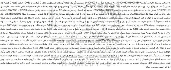 آگهی مزایده ششدانگ یک قطعه آپارتمان مسکونی پلاک 2 فرعی از 2081- اصلی