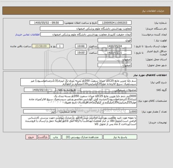 استعلام سم دلتا مترین مایع EC25با میزان سمیت LD50و بسته بندی یک لیتری(2.5درصدامولسیون) غیر سیستمیک سریع الاثرماده موثر25گرمبرلیتریا135میلیگرم بر کیلوگرم