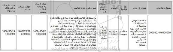 مناقصه عمومی یک مرحله ای برونسپاری فعالیت های بهره برداری و نگهداری از تاسیسات آب شرب و خدمات مشترکین شهرستان رشتخوار
