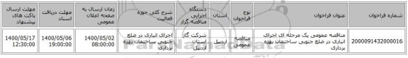 مناقصه عمومی یک مرحله ای اجرای انباری در ضلع جنوبی ساختمان بهره برداری 