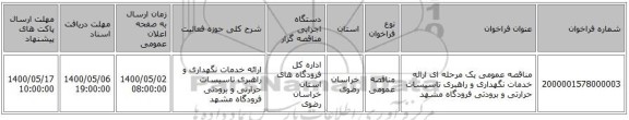 مناقصه عمومی یک مرحله ای ارائه خدمات نگهداری و راهبری تاسیسات حرارتی و برودتی فرودگاه مشهد