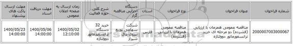 مناقصه عمومی همزمان با ارزیابی (فشرده) دو مرحله ای خرید ترانسفورماتور دوولتاژه