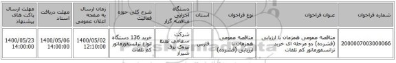 مناقصه عمومی همزمان با ارزیابی (فشرده) دو مرحله ای خرید ترانسفورماتور کم تلفات