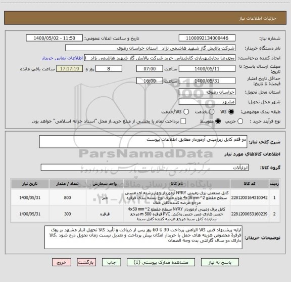 استعلام دو قلم کابل زیرزمینی آرموردار مطابق اطلاعات پیوست