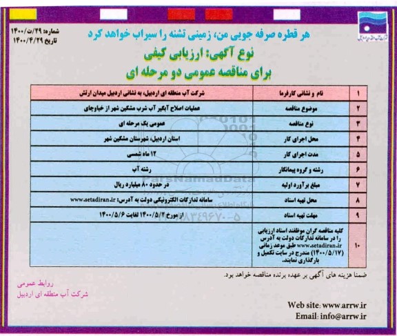 مناقصه، مناقصه عملیات اصلاح آبگیر آب شرب