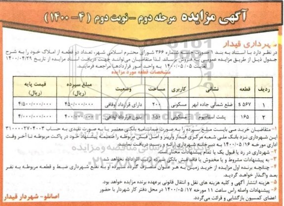 مزایده مزایده فروش دو قطعه از املاک مسکونی نوبت دوم مرحله  دوم  
