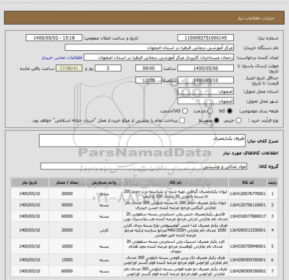 استعلام ظروف یکبارمصرف