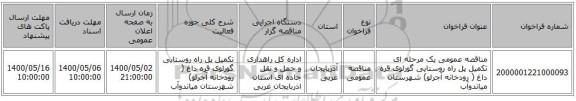 مناقصه عمومی یک مرحله ای تکمیل پل راه روستایی گورلوی قره داغ ( رودخانه آجرلو) شهرستان میاندوآب