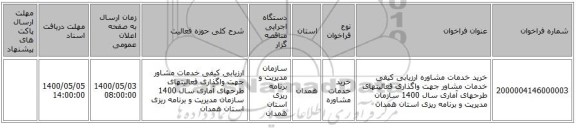 خرید خدمات مشاوره ارزیابی کیفی خدمات مشاور جهت واگذاری فعالیتهای طرحهای آماری سال 1400 سازمان مدیریت و برنامه ریزی استان همدان