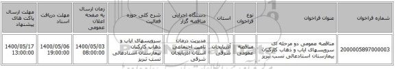 مناقصه عمومی دو مرحله ای  سرویسهای ایاب و ذهاب کارکنان بیمارستان استادعالی نسب تبریز