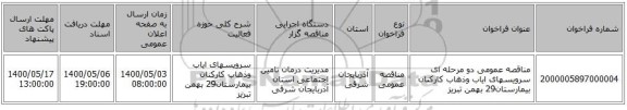 مناقصه عمومی دو مرحله ای  سرویسهای ایاب وذهاب کارکنان بیمارستان29 بهمن تبریز 