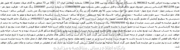 آگهی مزایده یک دستگاه خودروی سواری پژو تیپ 206