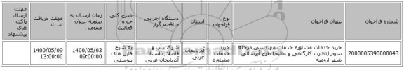 خرید خدمات مشاوره خدمات مهندسی مرحله سوم (نظارت کارگاهی و عالیه) طرح آبرسانی شهر ارومیه