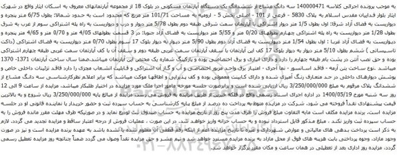 آگهی مزایده ششدانگ یک دستگاه آپارتمان مسکونی در بلوک 18