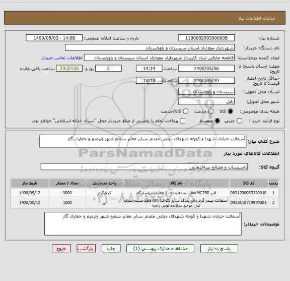 استعلام آسفالت خیابان شهدا و کوچه شهدای دولتی مقدم ،سایر معابر سطح شهر وترمیم و حفاری گاز