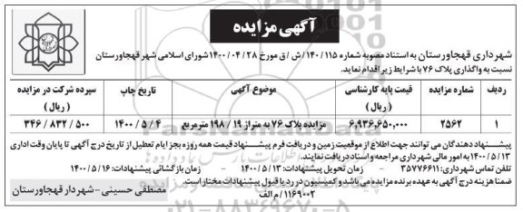 مزایده پلاک 76 به متراژ 198/19 مترمربع
